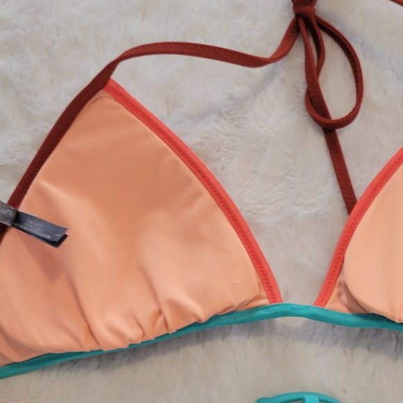 WOMENS BIKINI TOP BROWN WITH ORANGE AND LIGHT BLUE ACCENTS - Picture 3 of 4